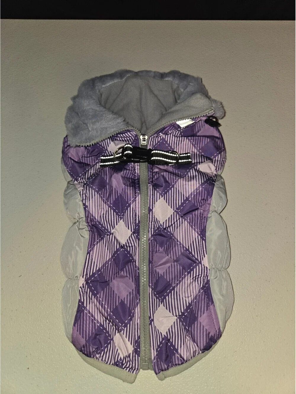 Purple Plaid Reflective Dog Jacket with Fleece Lining, Size M